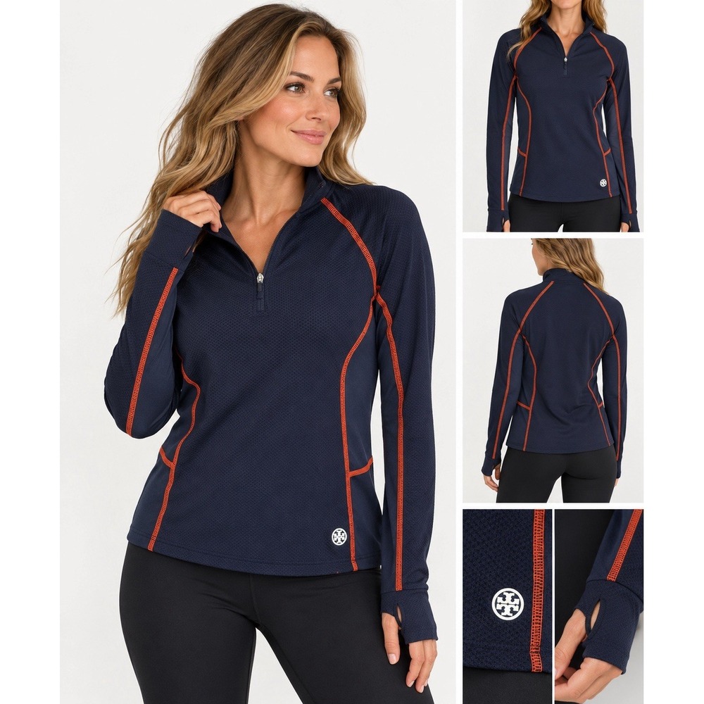 Tory Sport Tory Burch Womens M Navy Orange 1/4 Zip Mesh Performance Pullover